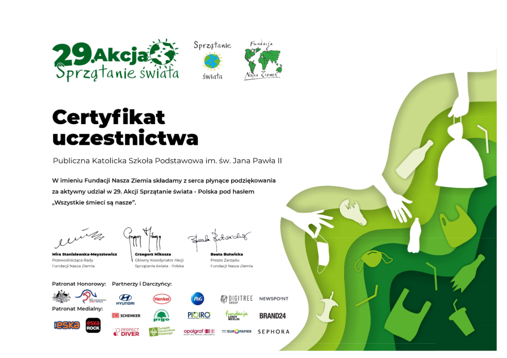 Certyfikat uczestnictwa w akcji Sprzątanie Świata